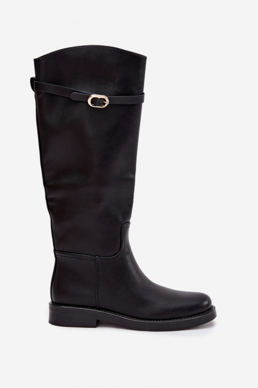 Botas de caña alta para mujer con tacones anchos, correas y hebillas doradas, color negro, Sylvena