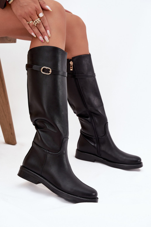 Botas de caña alta para mujer con tacones anchos, correas y hebillas doradas, color negro, Sylvena