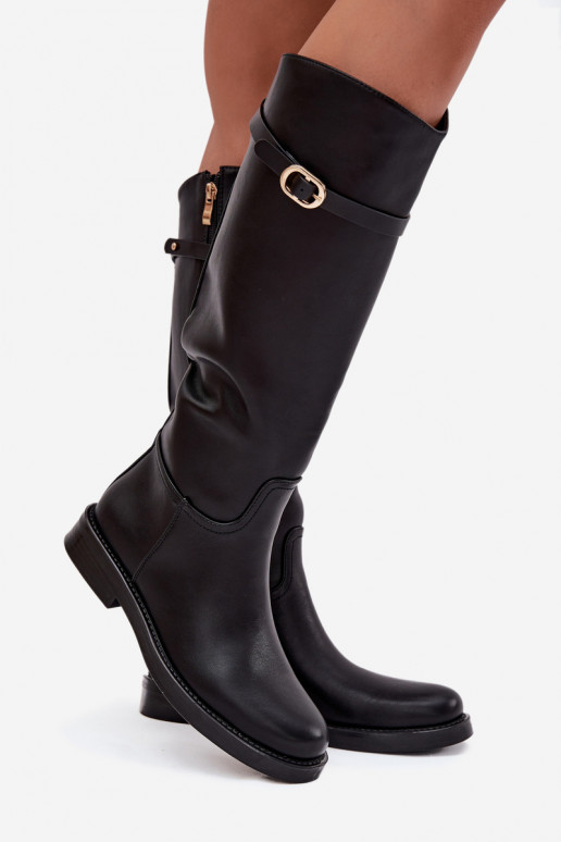 Botas de caña alta para mujer con tacones anchos, correas y hebillas doradas, color negro, Sylvena