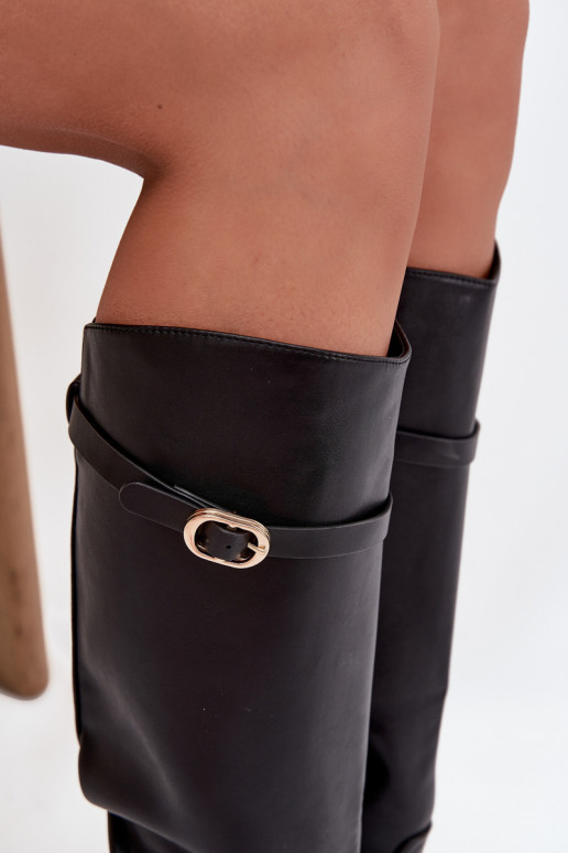 Botas de caña alta para mujer con tacones anchos, correas y hebillas doradas, color negro, Sylvena