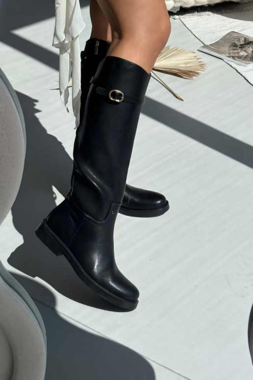 Botas de caña alta para mujer con tacones anchos, correas y hebillas doradas, color negro, Sylvena
