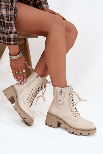 Botines de cuero para mujer con tacones, cálidos Vinceza 86418 en color arena