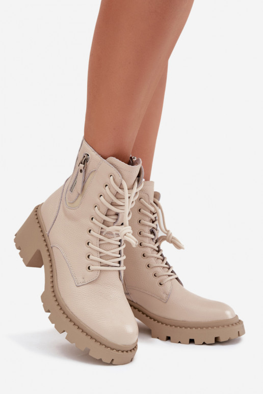 Botines de cuero para mujer con tacones, cálidos Vinceza 86418 en color arena