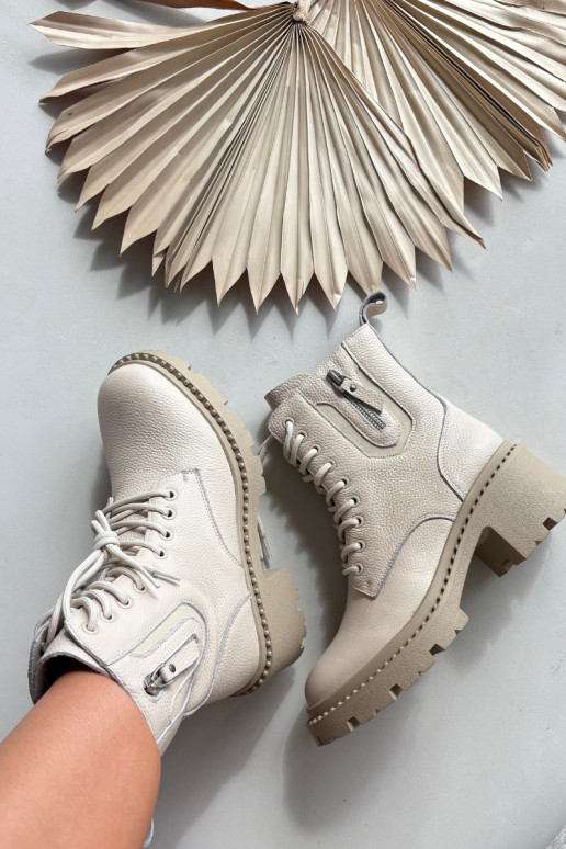 Botines de cuero para mujer con tacones, cálidos Vinceza 86418 en color arena