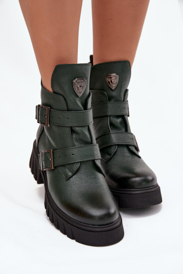 Botines de piel forrados para mujer con hebillas y adornos elegantes, Zazoo 60482, color caqui