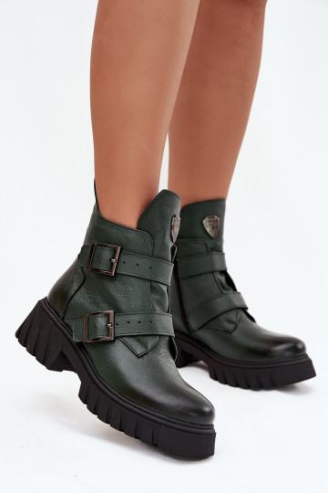 Botines de piel forrados para mujer con hebillas y adornos elegantes, Zazoo 60482, color caqui 2