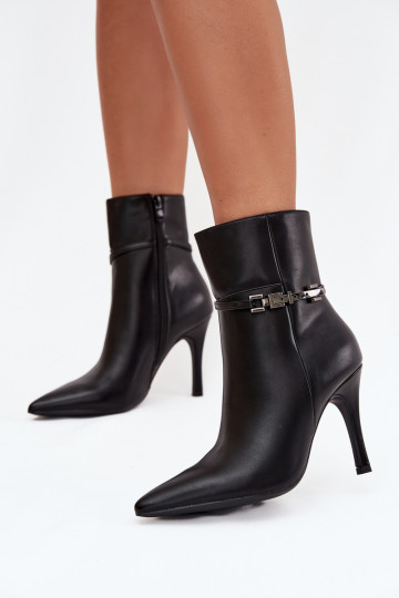 Botines negros acolchados para mujer con tacones delgados, correas y elementos plateados "Bellisse" 2