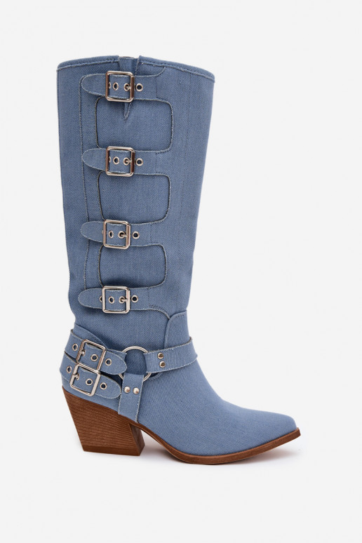 Botas largas de estilo vaquero con tacones y hebillas de tela de mezclilla, Fivelle