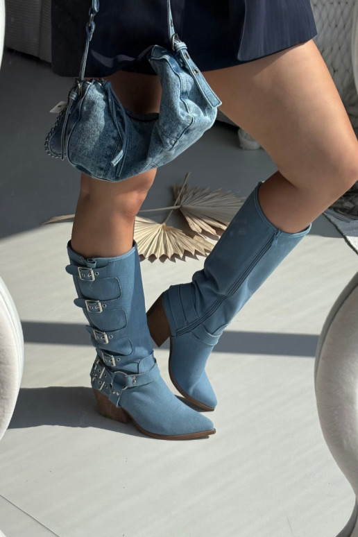 Botas largas de estilo vaquero con tacones y hebillas de tela de mezclilla, Fivelle