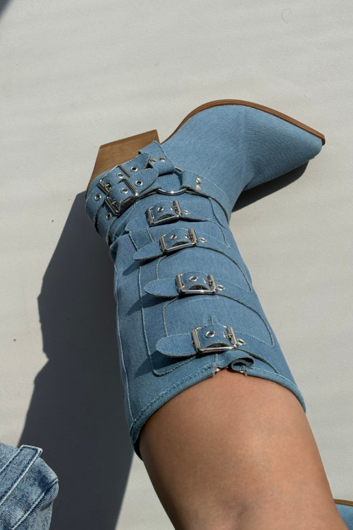 Botas largas de estilo vaquero con tacones y hebillas de tela de mezclilla, Fivelle