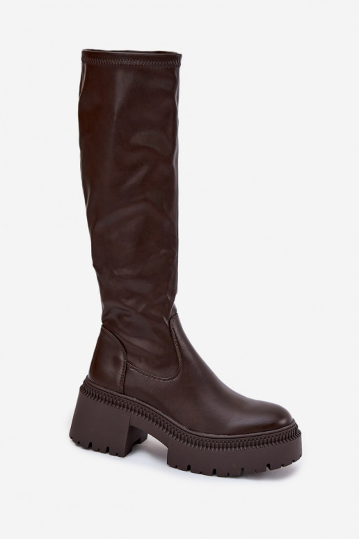 Botas altas de mujer con tacones gruesos y plataforma de modelo tipo zueco color marrón Florinne