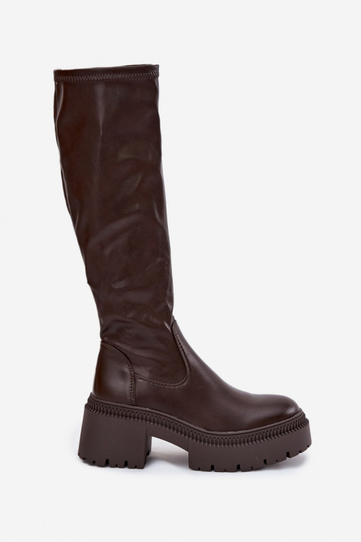 Botas altas de mujer con tacones gruesos y plataforma de modelo tipo zueco color marrón Florinne