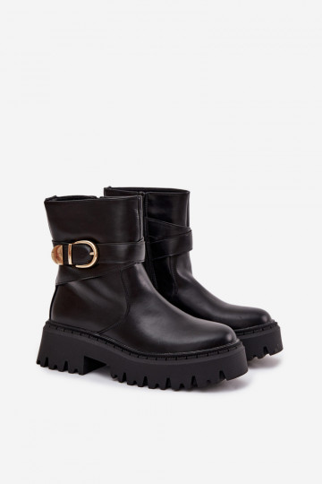 calentamiento Botas de mujer con hebillas doradas de color negro Elanore