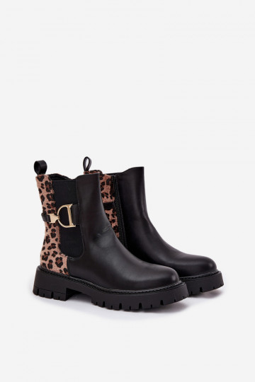 Botines calentitos y estilosos de mujer con detalles dorados y estampado de leopardo, negras Priscilla