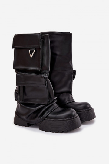 Botas largas de mujer sin cierre, con plataforma y bolsillos, negras Clarinda 2