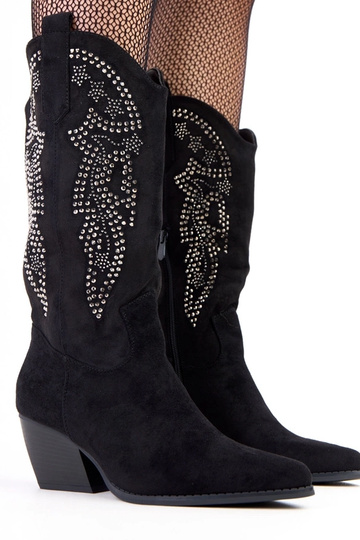 Botas vaqueras negras de tacón bajo con circonios "Masura"
