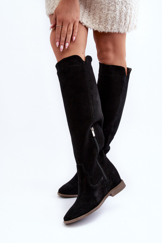 Zazoo 3407 de gamuza botas hasta la rodilla con tacones anchos de color negro