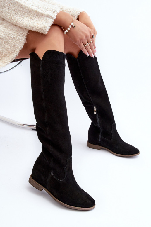 Zazoo 3407 de gamuza botas hasta la rodilla con tacones anchos de color negro