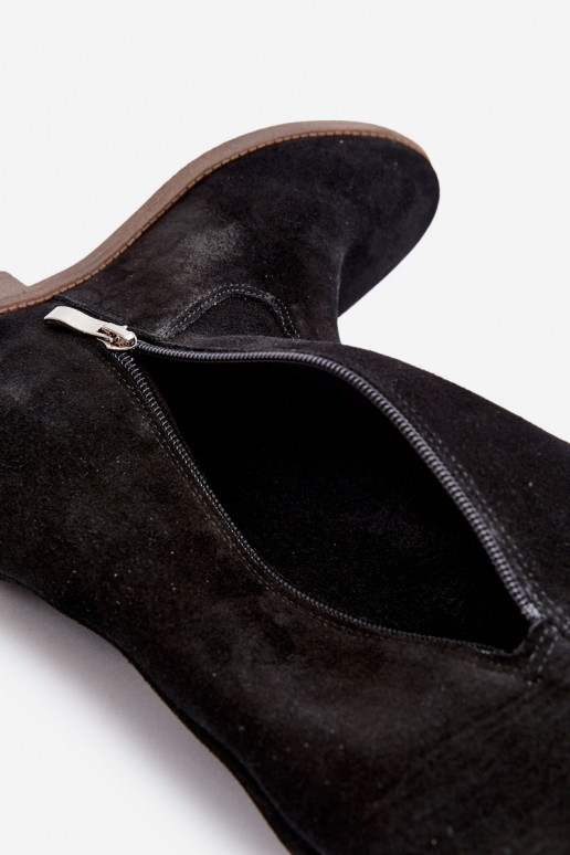 Zazoo 3407 de gamuza botas hasta la rodilla con tacones anchos de color negro