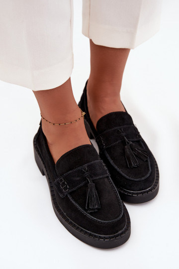 mocasines de mujer de gamuza con flecos D&A TEN107 de color negro