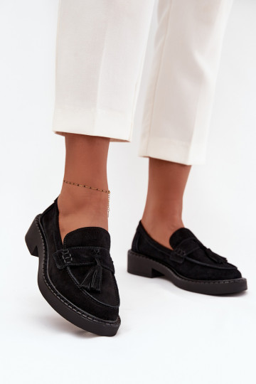 mocasines de mujer de gamuza con flecos D&A TEN107 de color negro 2