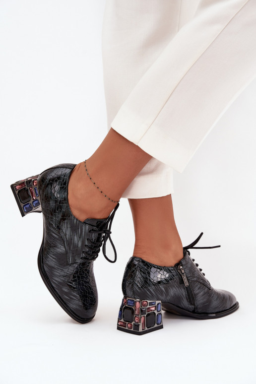 Botines de piel auténtica lacada Femenino con tacones con ojos brillantes Artiker 57C0072 color gris