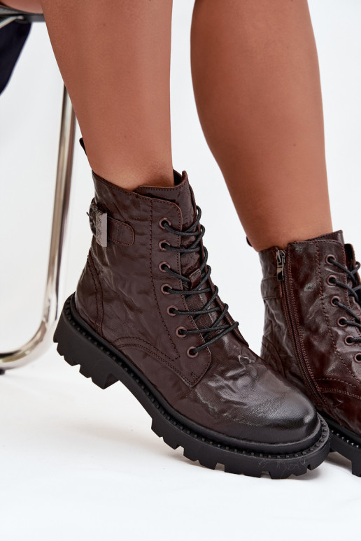 Piel Botas de mujer Con efecto Tiene querszczenia I con hebillas Artiker 57C1007 CzekoladoAe