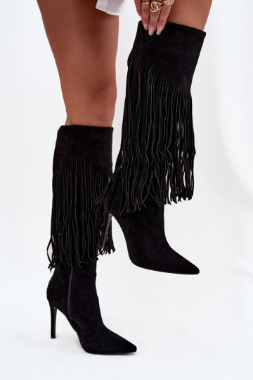 Botas largas de mujer negras con tacones delgados y flecos Isalune 2