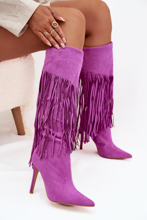 Botas largas para mujer con tacones delgados y borlas color violeta Isalune Botas largas para mujer con tacones delgados y borlas color violeta Isalune