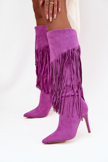 Botas largas para mujer con tacones delgados y borlas color violeta Isalune 2
