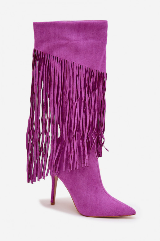 Botas largas para mujer con tacones delgados y borlas color violeta Isalune Botas largas para mujer con tacones delgados y borlas color violeta Isalune