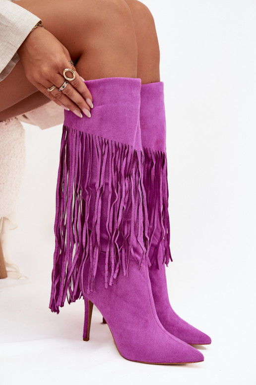 Botas largas para mujer con tacones delgados y borlas color violeta Isalune Botas largas para mujer con tacones delgados y borlas color violeta Isalune