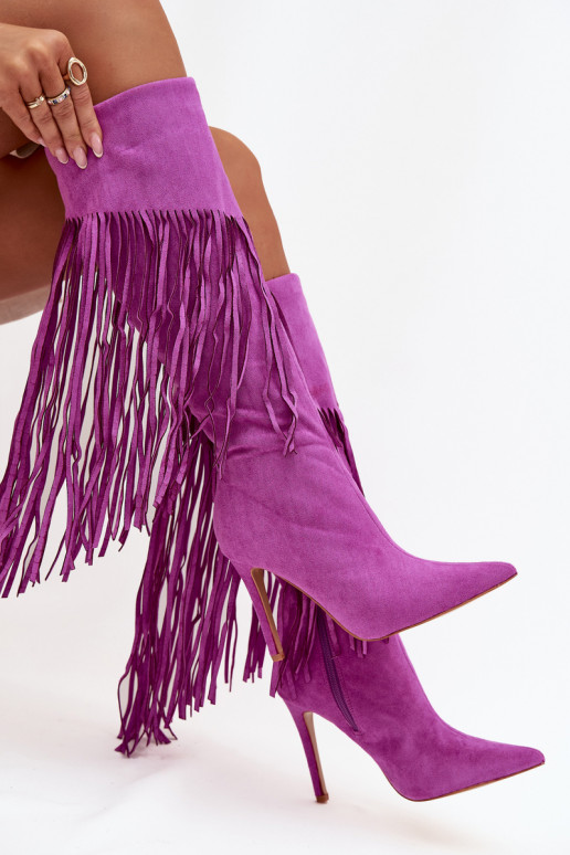 Botas largas para mujer con tacones delgados y borlas color violeta Isalune Botas largas para mujer con tacones delgados y borlas color violeta Isalune