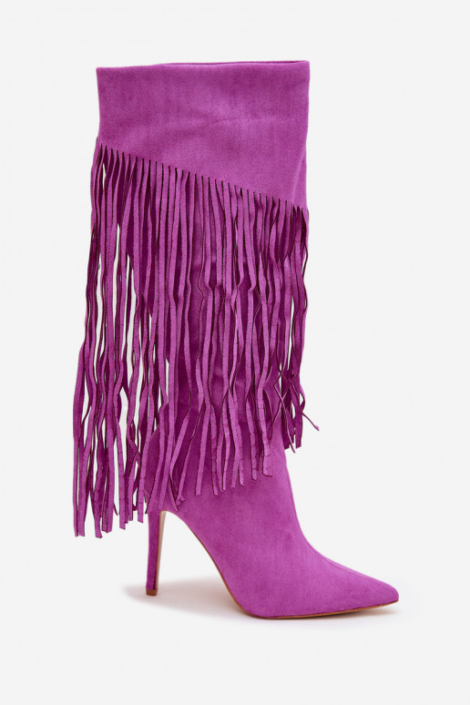 Botas largas para mujer con tacones delgados y borlas color violeta Isalune Botas largas para mujer con tacones delgados y borlas color violeta Isalune