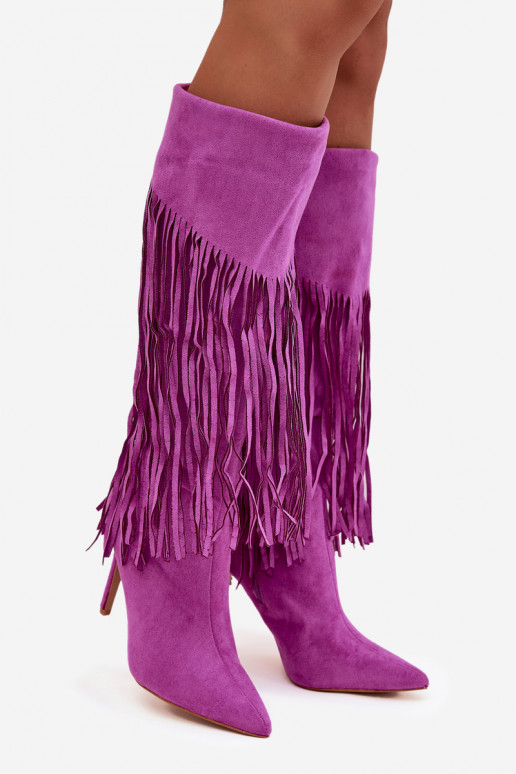 Botas largas para mujer con tacones delgados y borlas color violeta Isalune Botas largas para mujer con tacones delgados y borlas color violeta Isalune