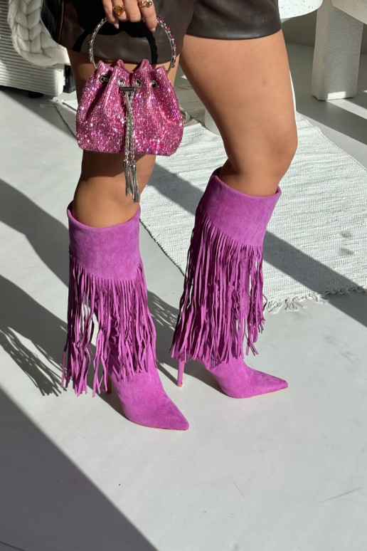 Botas largas para mujer con tacones delgados y borlas color violeta Isalune Botas largas para mujer con tacones delgados y borlas color violeta Isalune