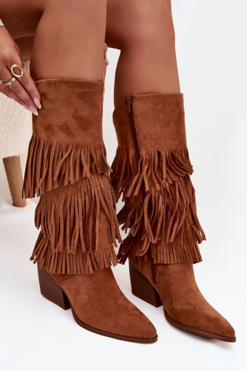 Botas largas calefaccionadas estilo cowboy de mujer con flecos color marrón Brivina