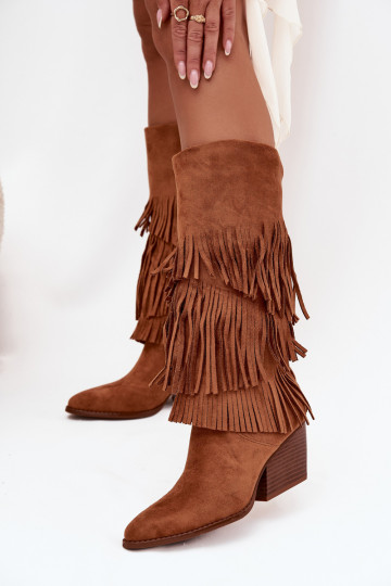 Botas largas calefaccionadas estilo cowboy de mujer con flecos color marrón Brivina 2