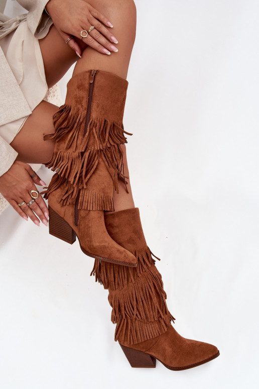 Botas largas calefaccionadas estilo cowboy de mujer con flecos color marrón Brivina Botas largas calefaccionadas estilo cowboy de mujer con flecos color marrón Brivina