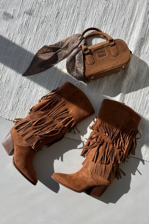 Botas largas calefaccionadas estilo cowboy de mujer con flecos color marrón Brivina Botas largas calefaccionadas estilo cowboy de mujer con flecos color marrón Brivina