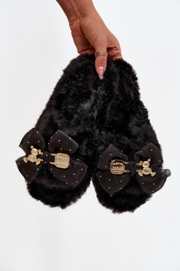 con un abrigo de piel Zapatillas Femenino con cintas I Złotą Ozdobą de color negro Nolara