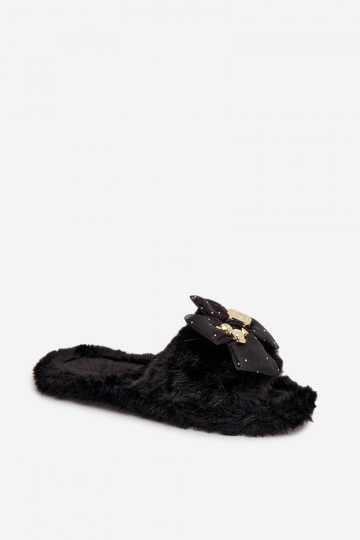con un abrigo de piel Zapatillas Femenino con cintas I Złotą Ozdobą de color negro Nolara 2