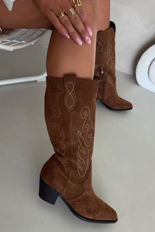 Botas de mujer de caña alta estilo vaquero de ante con tacones, marrones, Karira