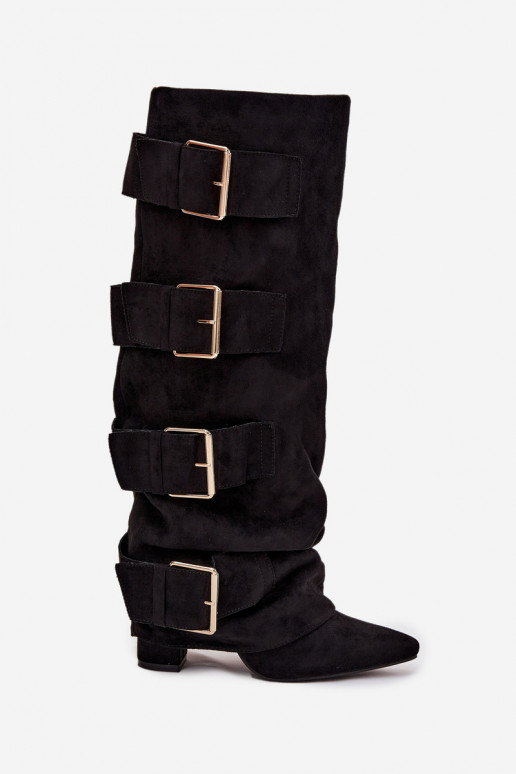 Botas altas de mujer con tacones, punta cosida y hebillas doradas de eco ante color negro Is Botas altas de mujer con tacones, punta cosida y hebillas doradas de eco ante color negro Is
