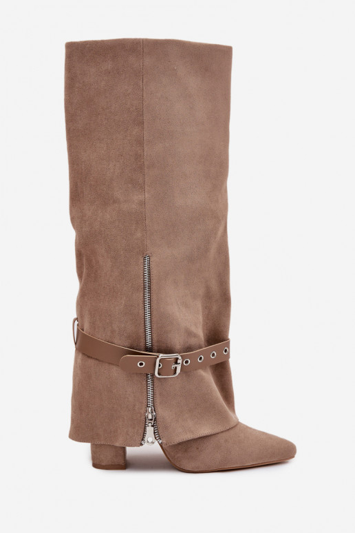 Botas altas de mujer de modelo tipo zueco con tacones decorados color arena Jolivine