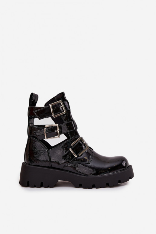 Botines lustrados para mujer con cintas, hebillas plateadas, color negro "Helisse" Botines lustrados para mujer con cintas, hebillas plateadas, color negro "Helisse"