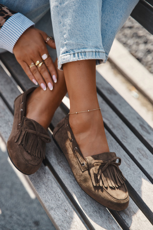 Mocasines para mujer con flecos y lazo color caqui "Olivianne" Mocasines para mujer con flecos y lazo color caqui "Olivianne"