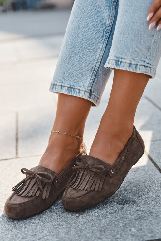 Mocasines para mujer con flecos y lazo color caqui "Olivianne" Mocasines para mujer con flecos y lazo color caqui "Olivianne"