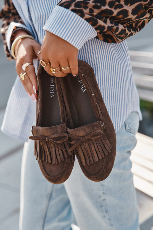 Mocasines para mujer con flecos y lazo color caqui "Olivianne" Mocasines para mujer con flecos y lazo color caqui "Olivianne"