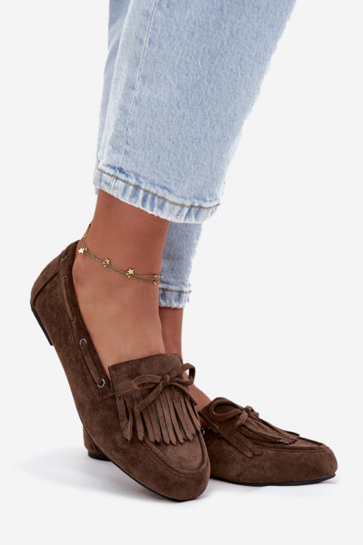 Mocasines para mujer con flecos y lazo color caqui "Olivianne" Mocasines para mujer con flecos y lazo color caqui "Olivianne"